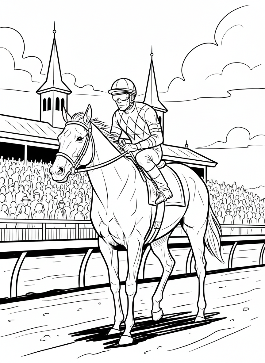 A close-up of a racing jockey in colorful silks sitting confidently on a horse, ready for the big race at Churchill Downs.