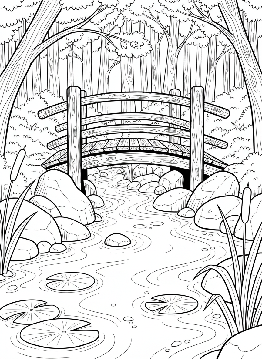 A forest stream with a small wooden bridge, lily pads, cattails, and smooth stones along the water's edge