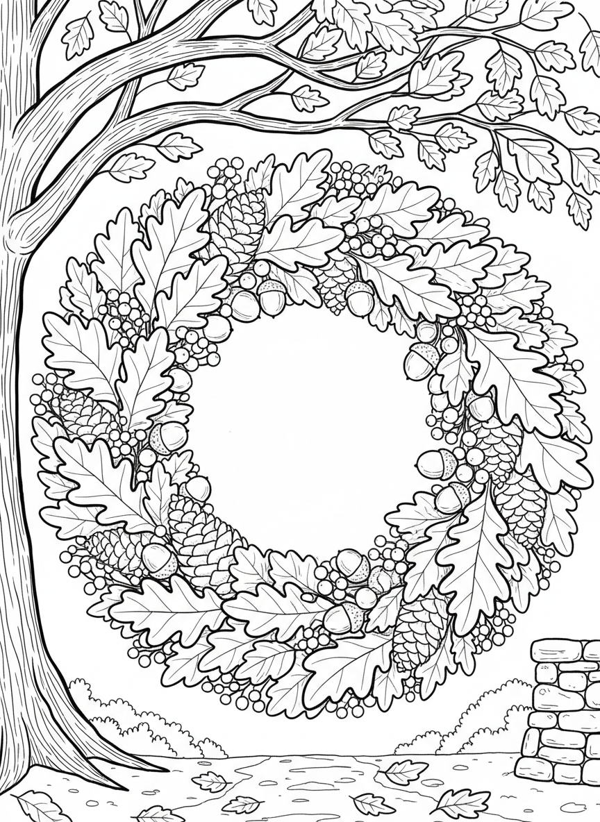 A decorative wreath made of autumn leaves, acorns, pinecones, and small berries arranged in a circle.