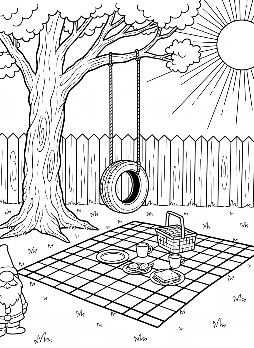 A backyard scene with a tire swing hanging from a tree and a picnic setup underneath.