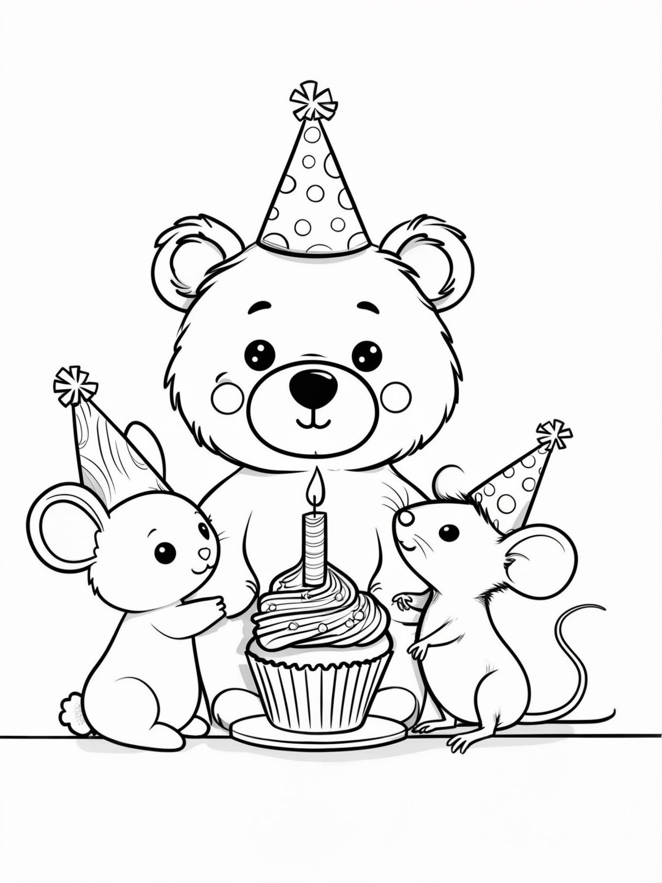 A group of cute, whimsical animals (a bear, a bunny, and a mouse) all wearing party hats and gathered around a single cupcake with a big candle.