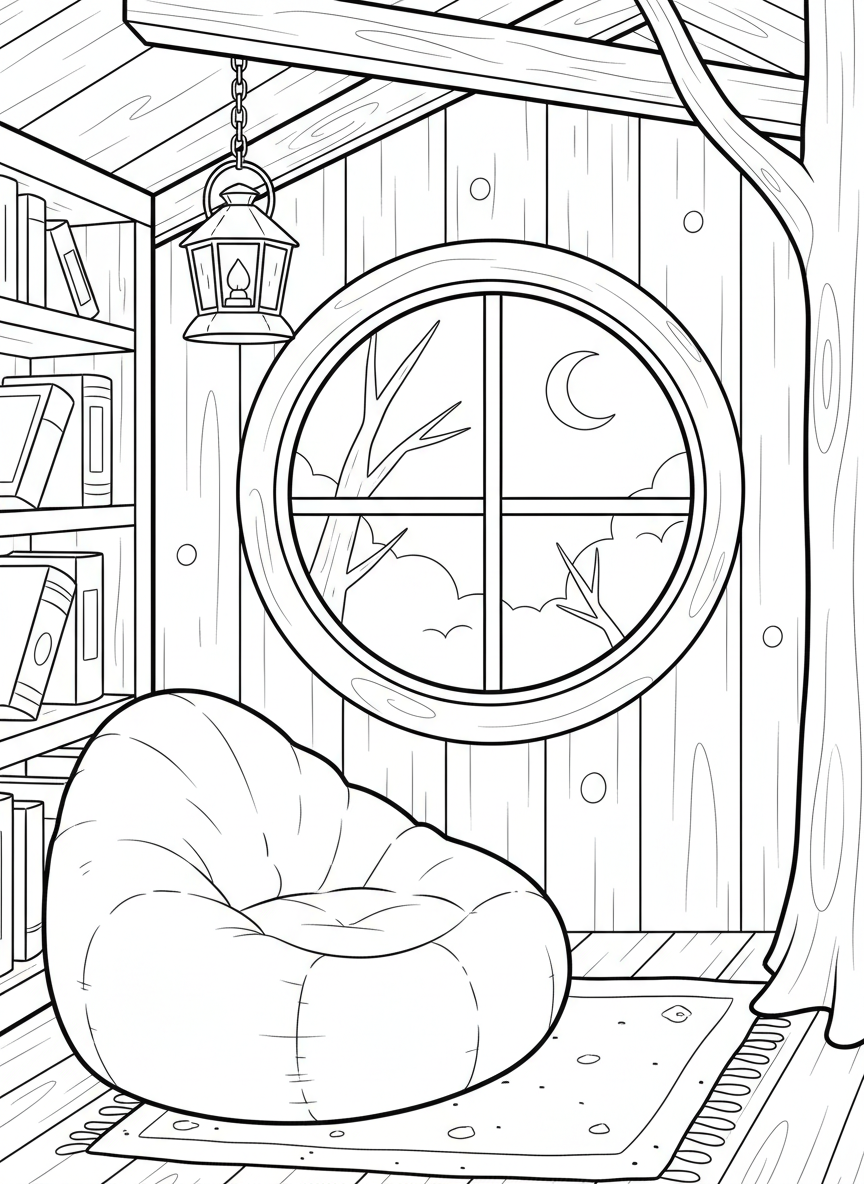 A cozy treehouse interior with a window, small bookshelf, beanbag chair, and lantern hanging from the ceiling.