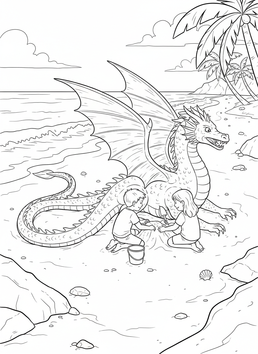 Two kids working together to build a giant sand dragon sculpture with a long tail, scales, and wings spread wide on the sandy shore.