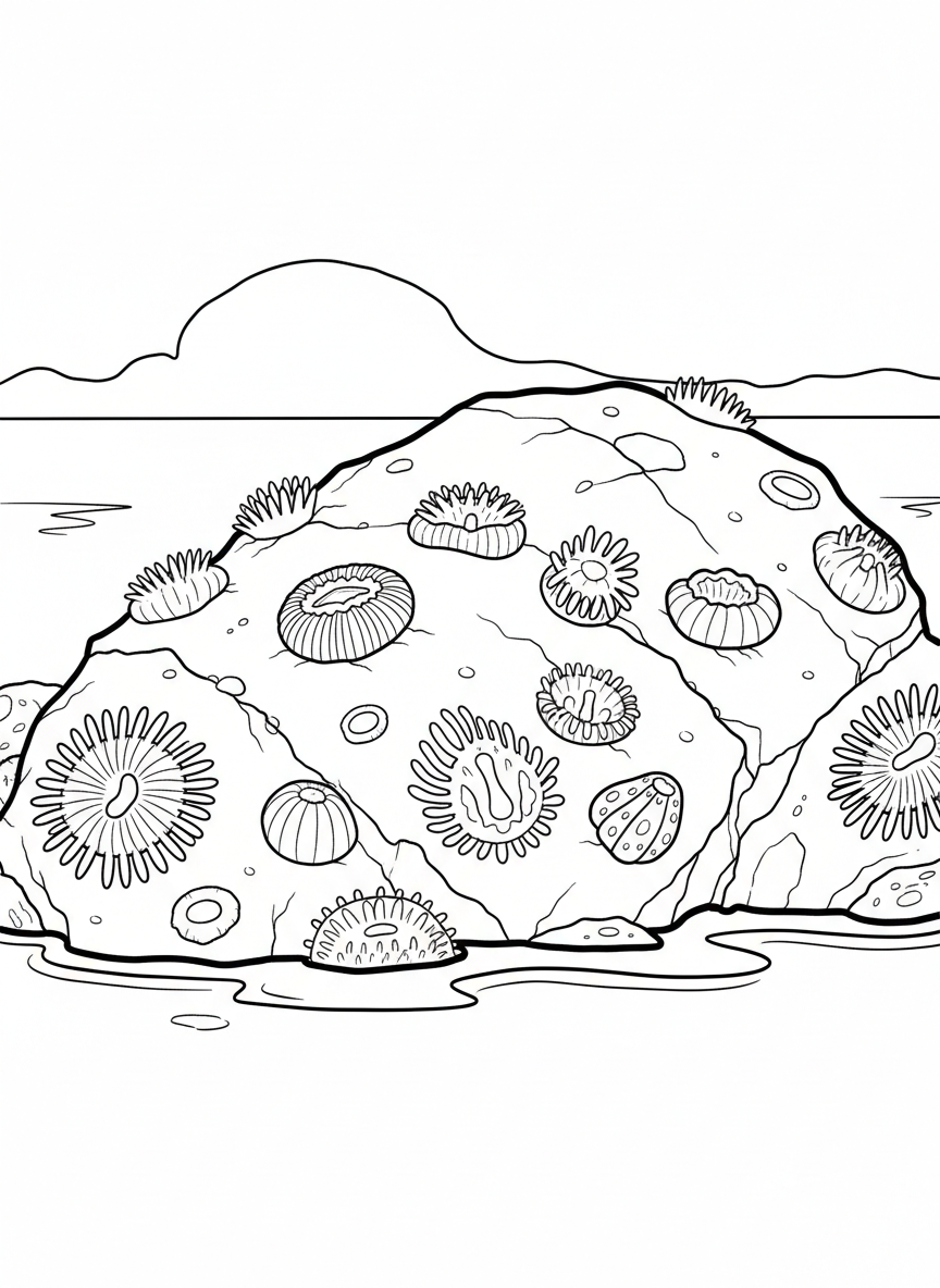 A cluster of colorful sea anemones of different shapes and sizes attached to a large tide pool rock.