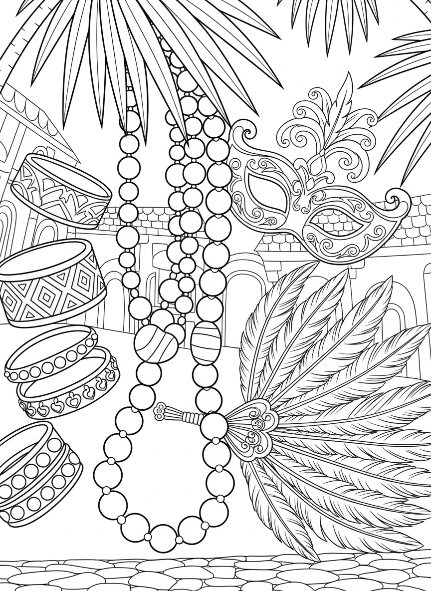 A close-up of carnival accessories: beaded necklaces, decorative bracelets, a small mask, and a feathered fan arranged artistically.