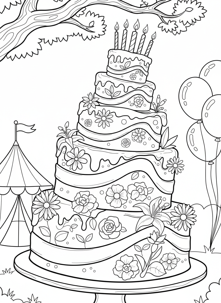 A large birthday cake with multiple layers, decorated with candles, flowers, and ribbons, perfect for a celebration coloring page.