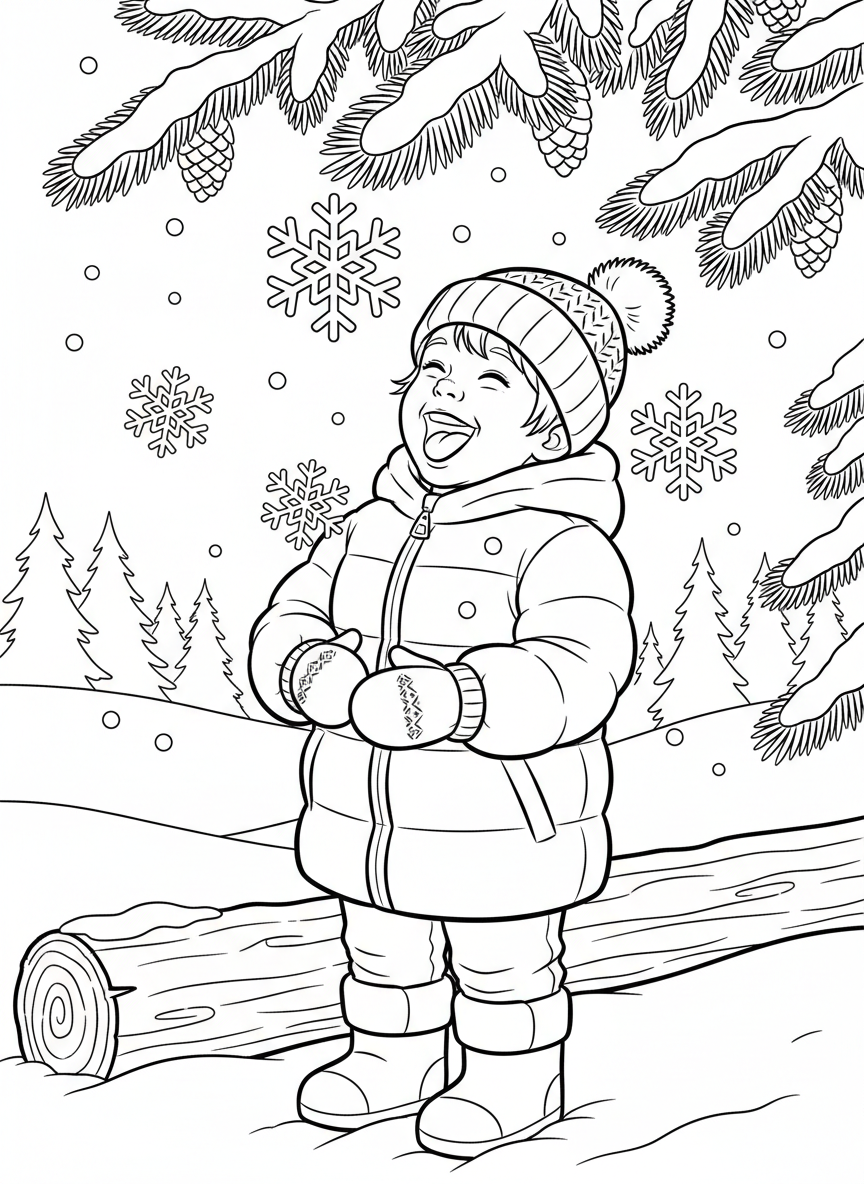 A child catching snowflakes on their tongue, wearing a puffy winter coat, hat with a pom-pom, and warm boots