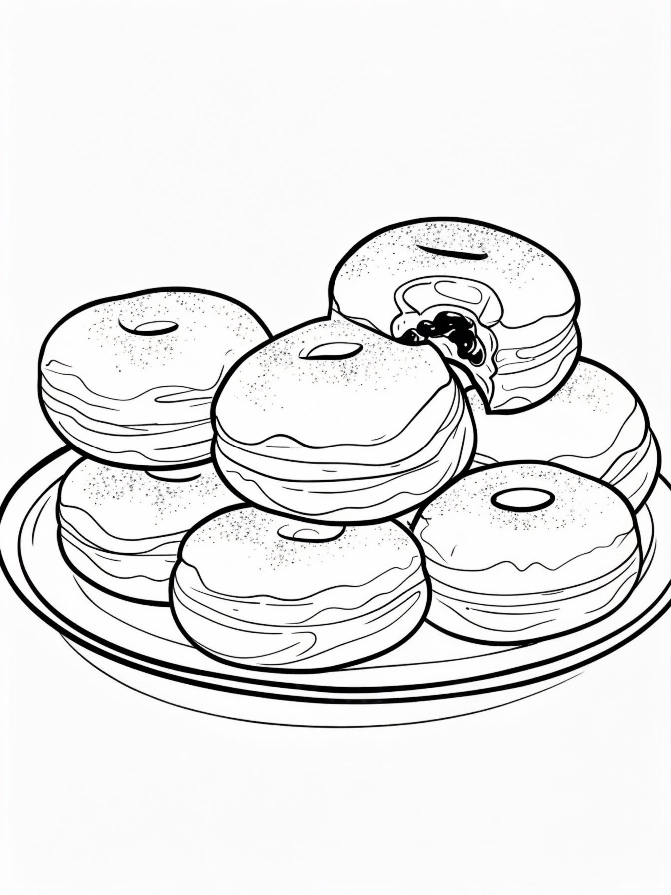 Sufganiyot (Jelly Donuts): A platter of round, fluffy sufganiyot (jelly donuts), dusted with powdered sugar. One has a small bite taken out, showing the jelly filling.