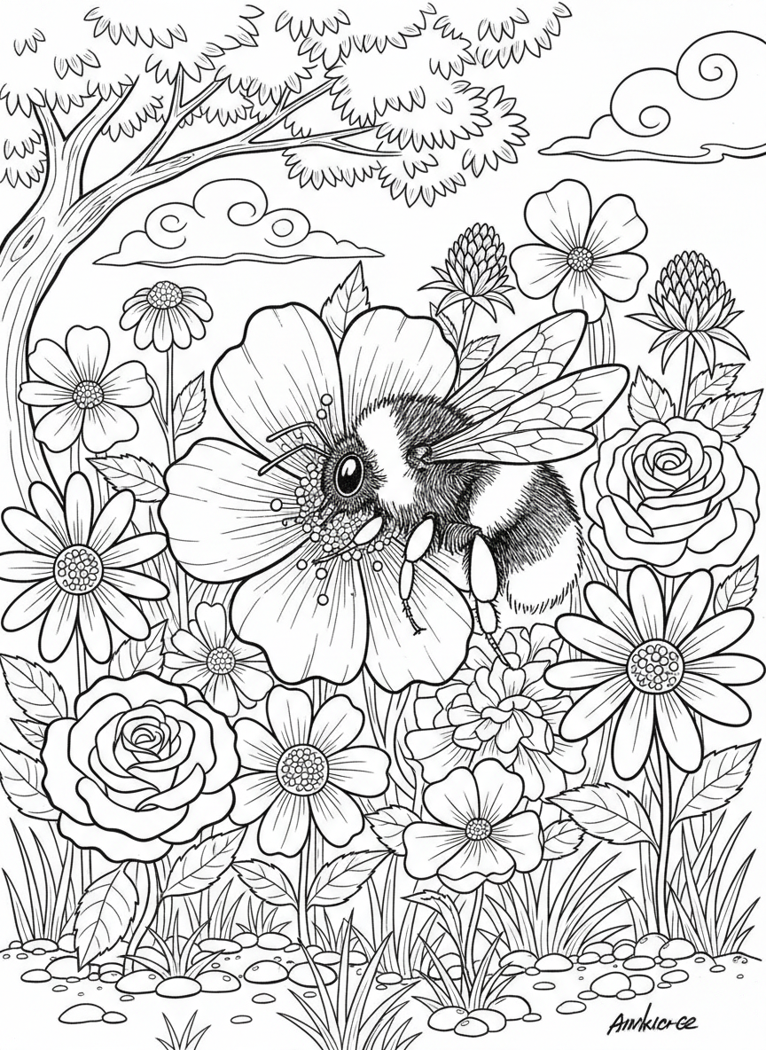 A bumblebee inside a flower garden with multiple blooms, busy pollinating scene.