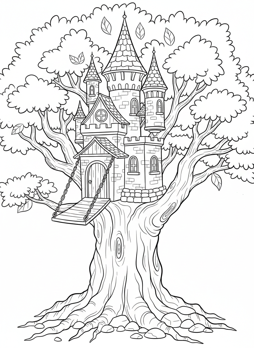A treehouse shaped like a castle tower with turrets and a drawbridge entrance, nestled high in a large tree.