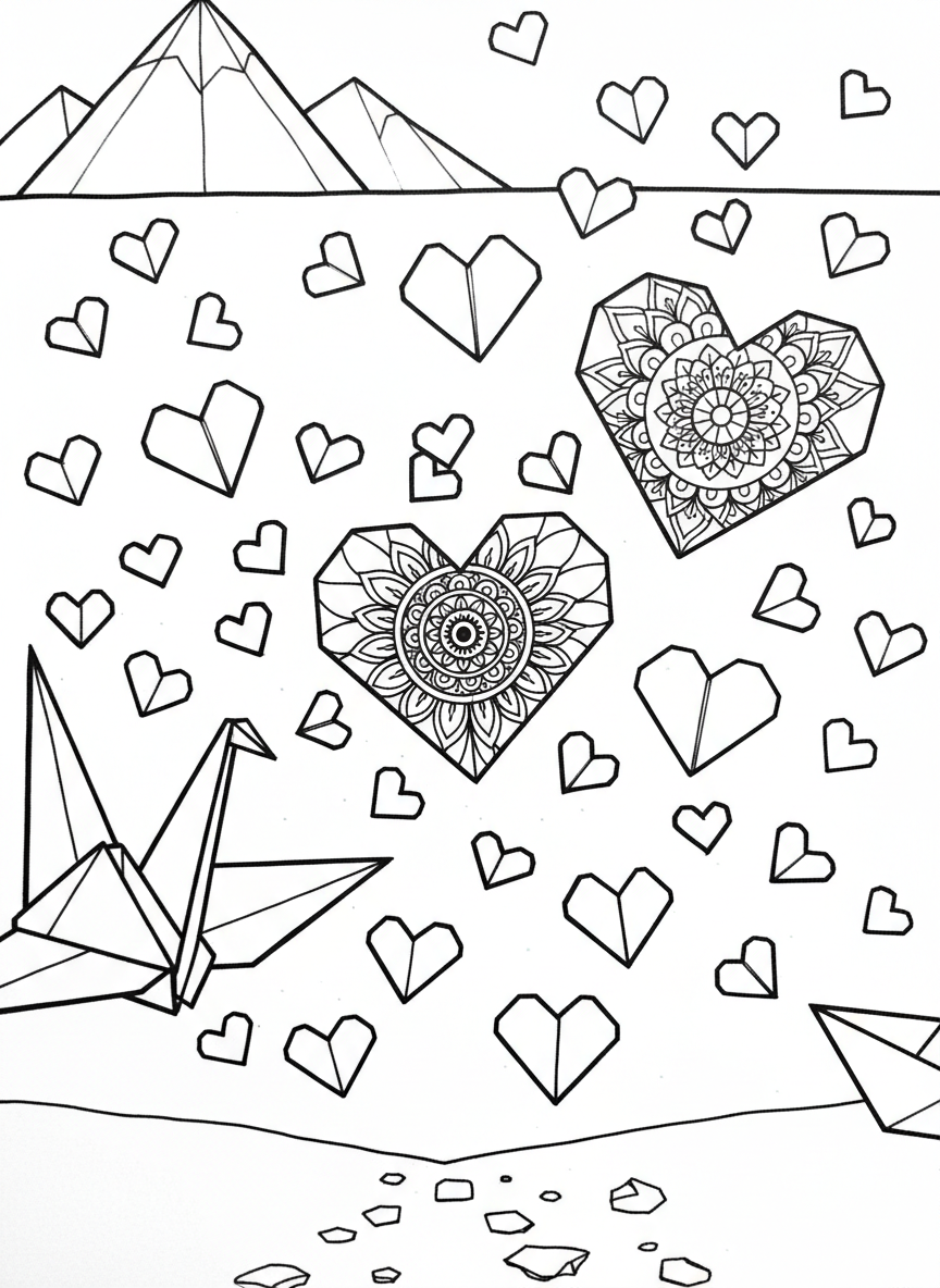 A collection of tiny origami hearts scattered across the page in various sizes, with a few larger hearts featuring decorative mandala patterns inside.