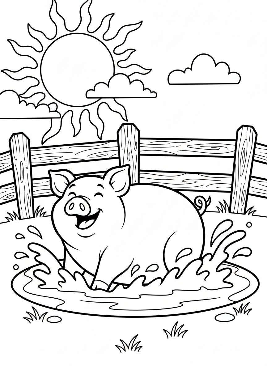 A friendly pig rolling in mud on a farm with a wooden fence and sun in the background.