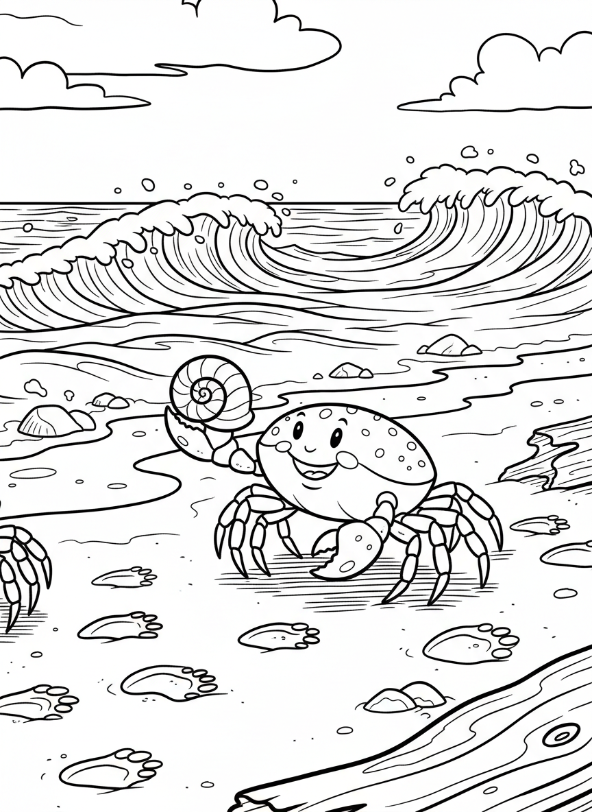 A smiling crab walking sideways on the beach carrying a seashell, with footprints in the sand and waves behind it.