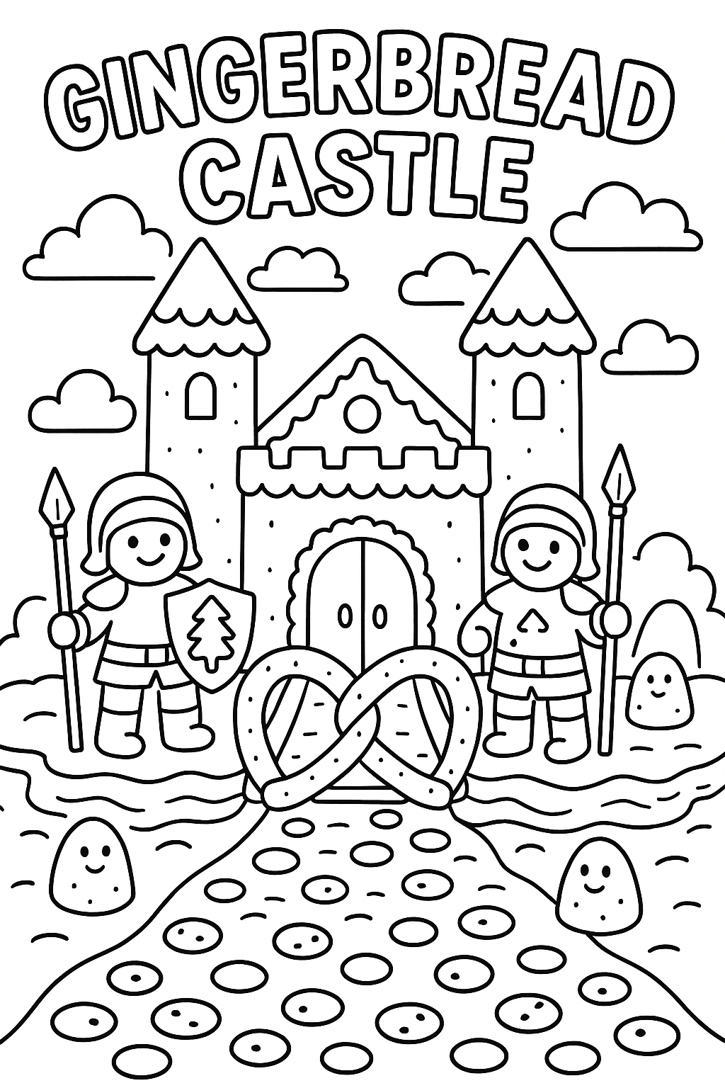 Gingerbread castle with cookie knights, pretzel drawbridge, frosting moat, gumdrop citizens, chocolate chip cobblestones, thick line art, delicious medieval Christmas
