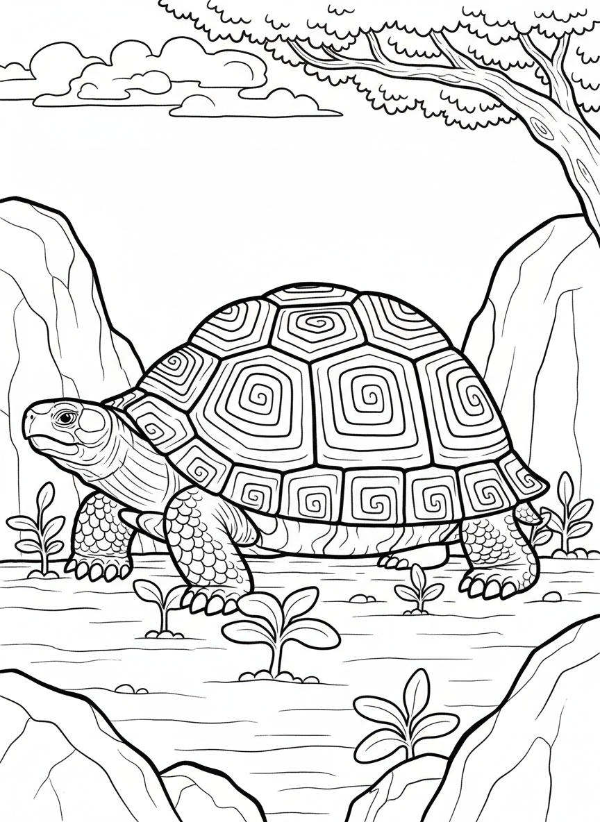 A turtle walking slowly with detailed shell patterns and small plants around its feet, side view composition.