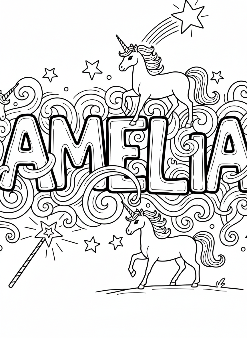 The name AMELIA in whimsical letters with unicorns, stars, and magic wands decorating the space around them, line art