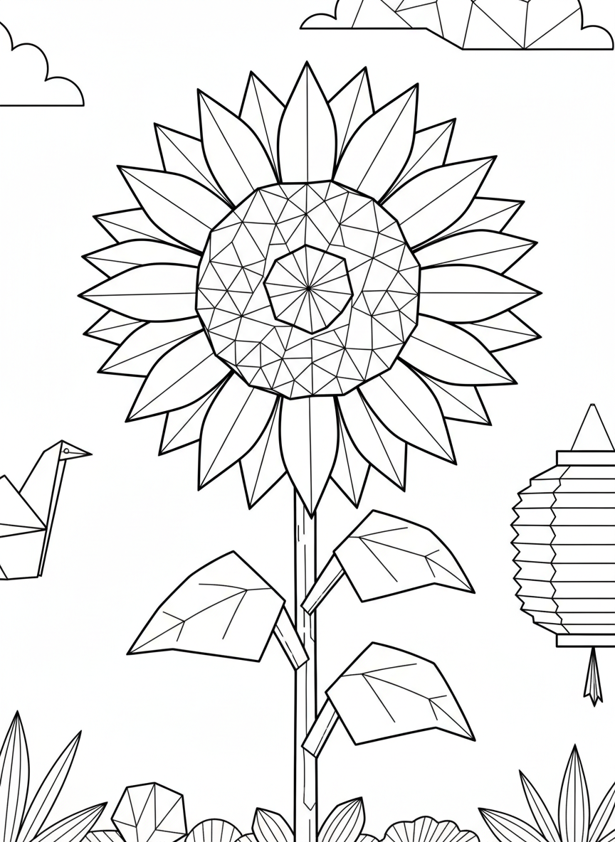 A cheerful origami sunflower with triangular petals radiating outward, geometric center pattern, and a folded stem with leaves, coloring page style.