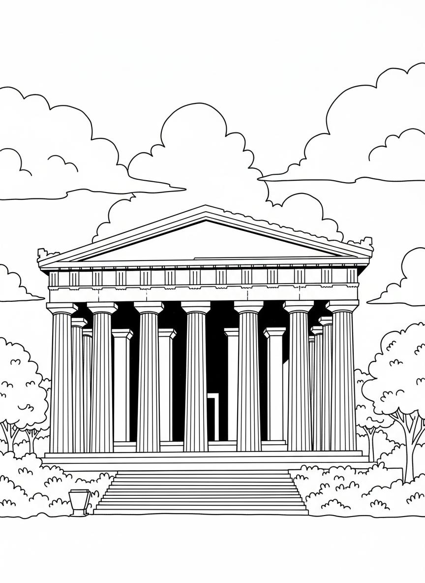 The Parthenon building at Centennial Park with columns and steps, surrounded by trees and clouds in the sky.