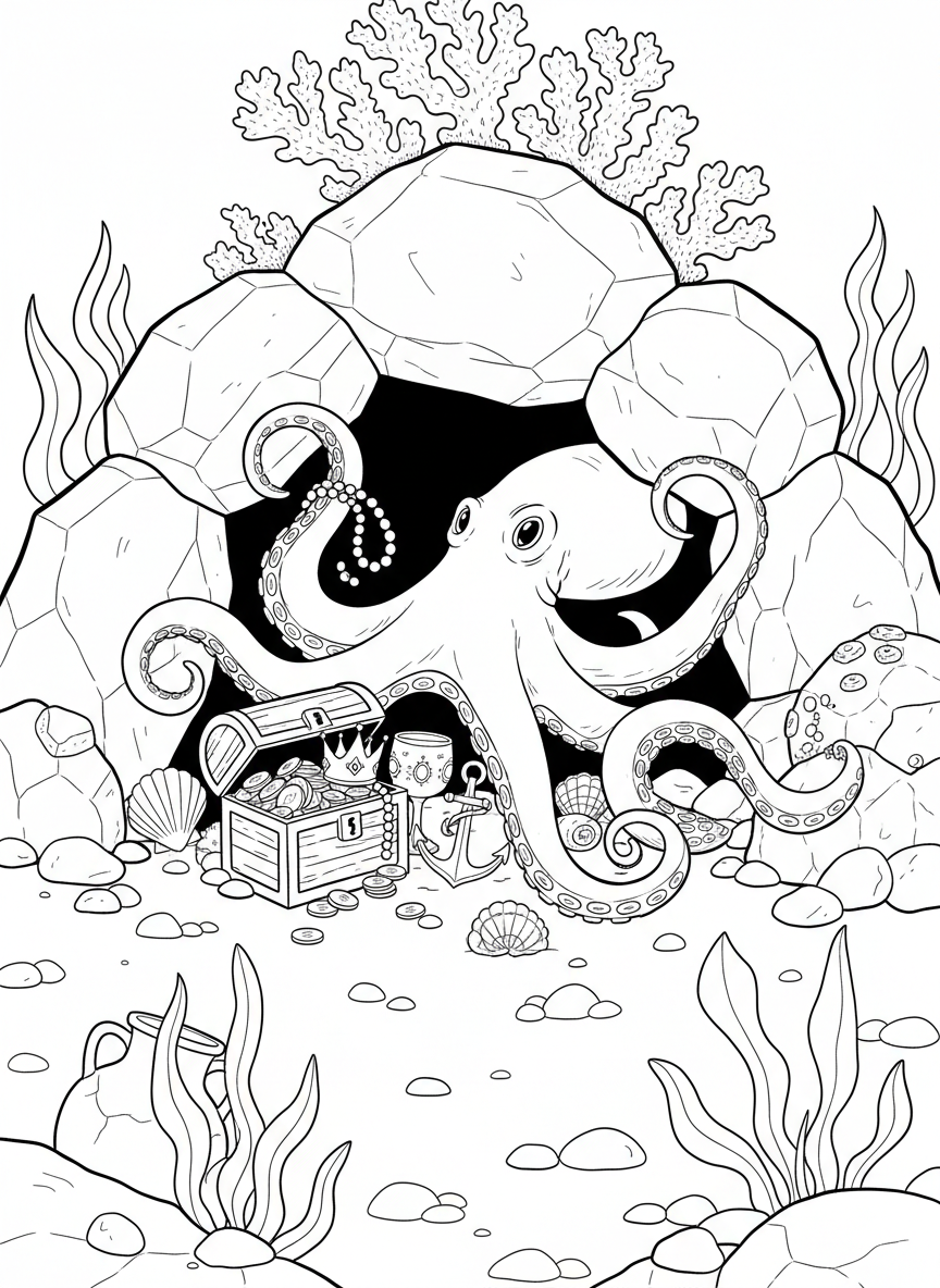 An octopus creating a den under rocks with shells and treasures collected around the entrance, detailed scene