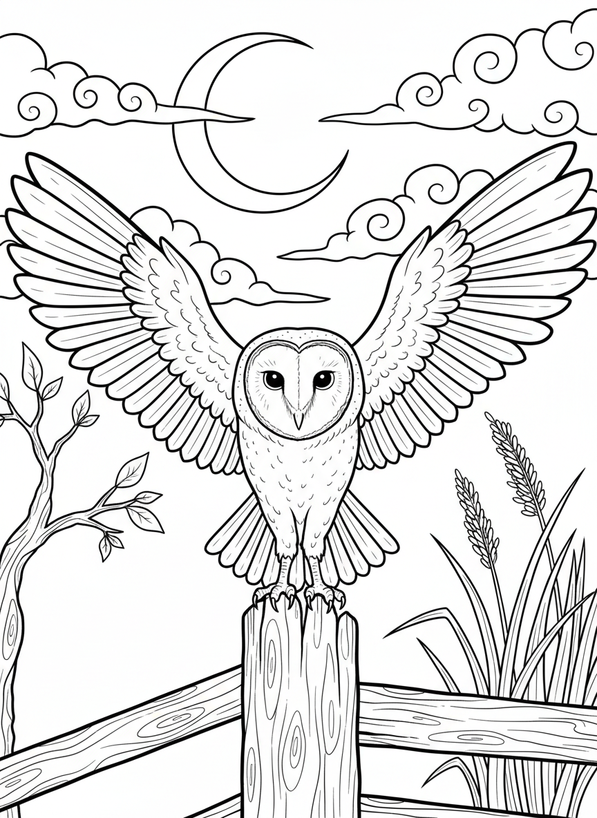 A wise barn owl perched on a wooden fence post under a crescent moon, with spread wings ready to take flight.