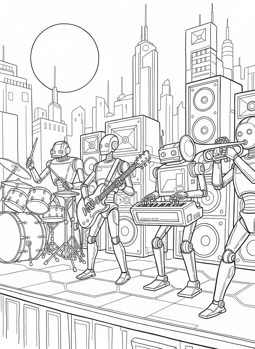 A musical robot band with four robots playing different instruments including drums, guitar, keyboard, and trumpet on a stage.