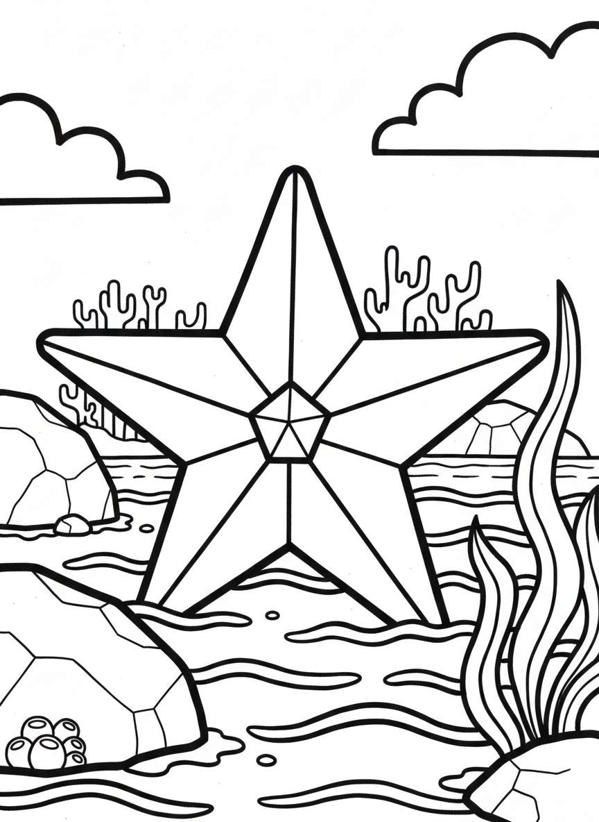 An origami starfish with five pointed arms, simple geometric design with fold lines radiating from center