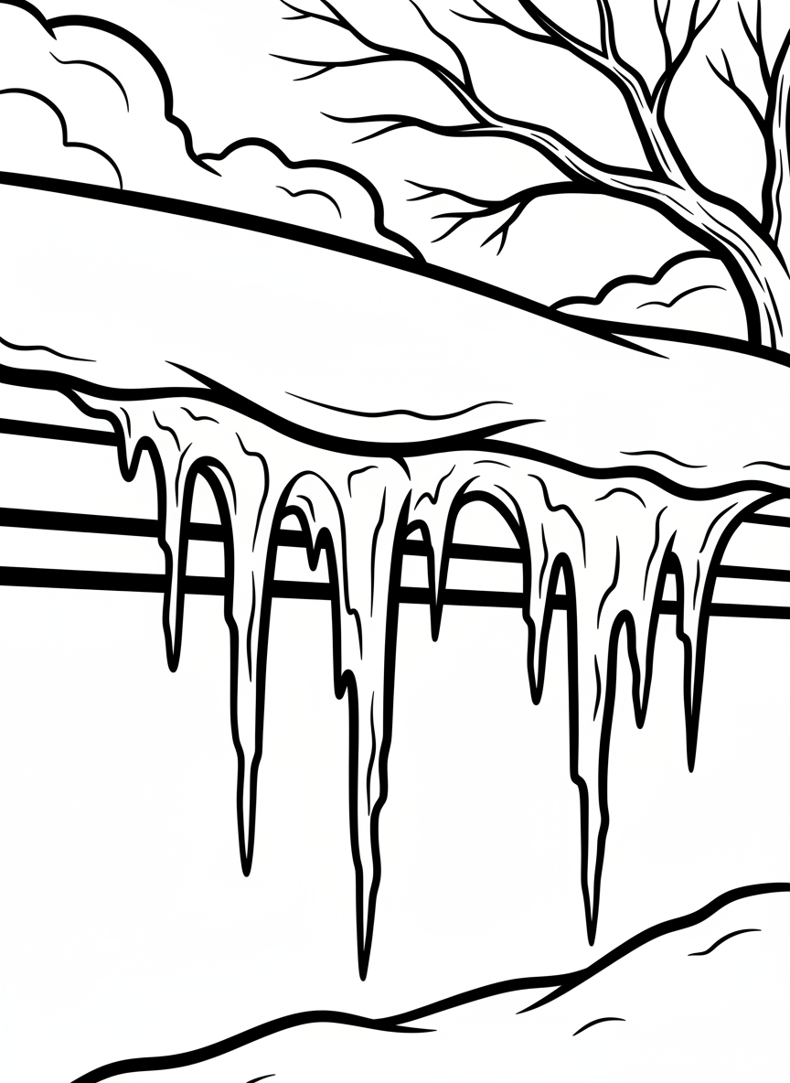 Icicles hanging from a roof edge with snow piled below, showing freezing winter temperatures and ice formation.