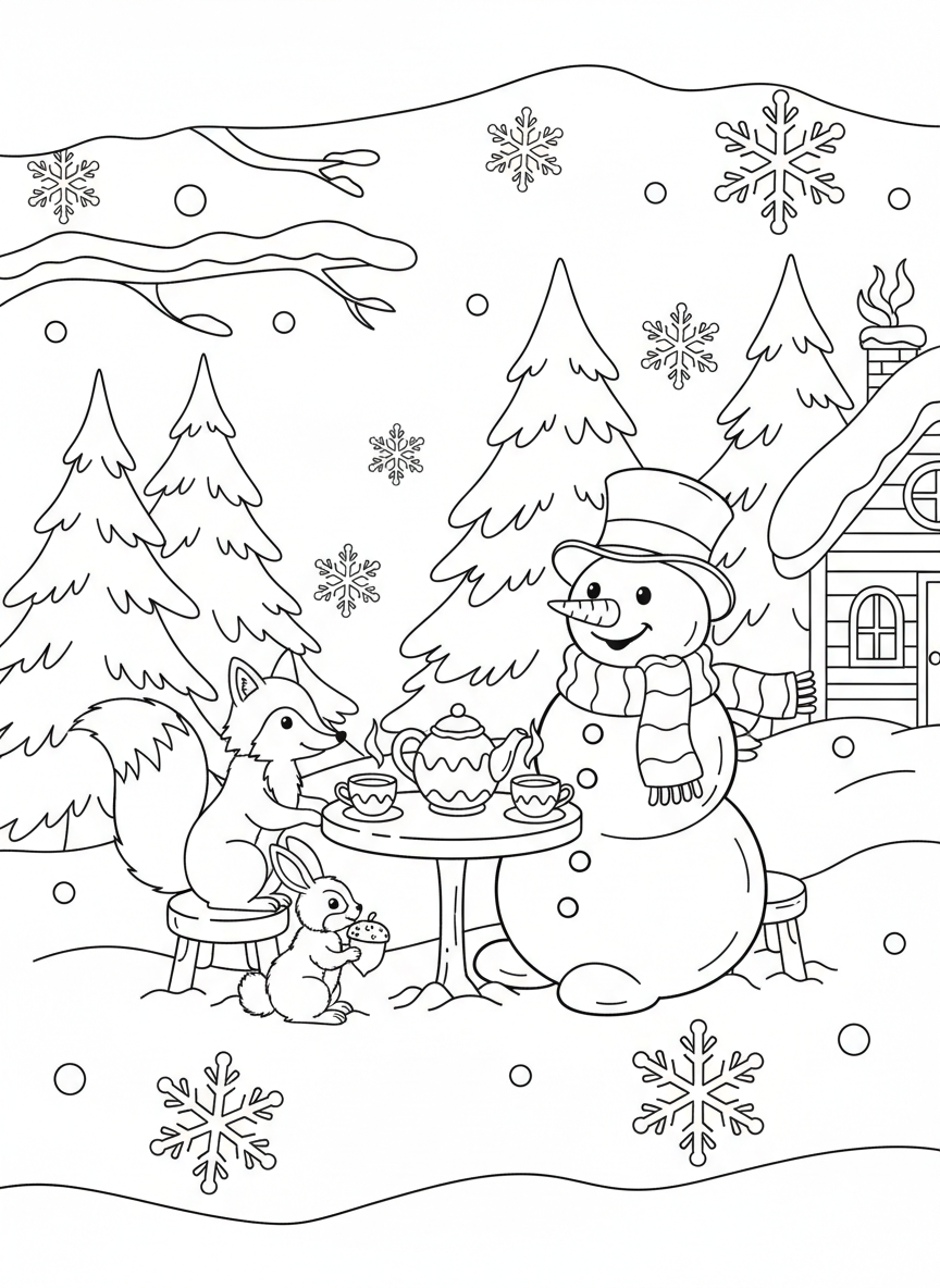 A snowman having a tea party with forest animals in the snow, sitting at a small table with cups and a teapot.