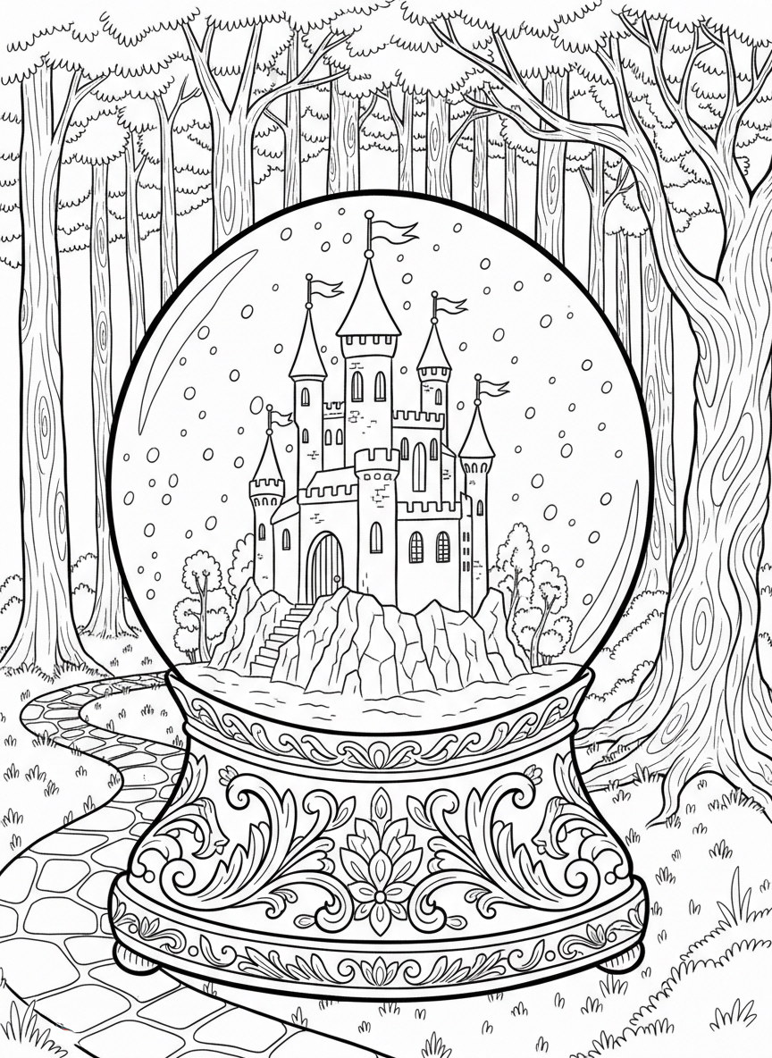 A detailed snow globe containing a magical fairy tale castle with tall towers and flags, snow swirling all around it, on an ornate decorated base.