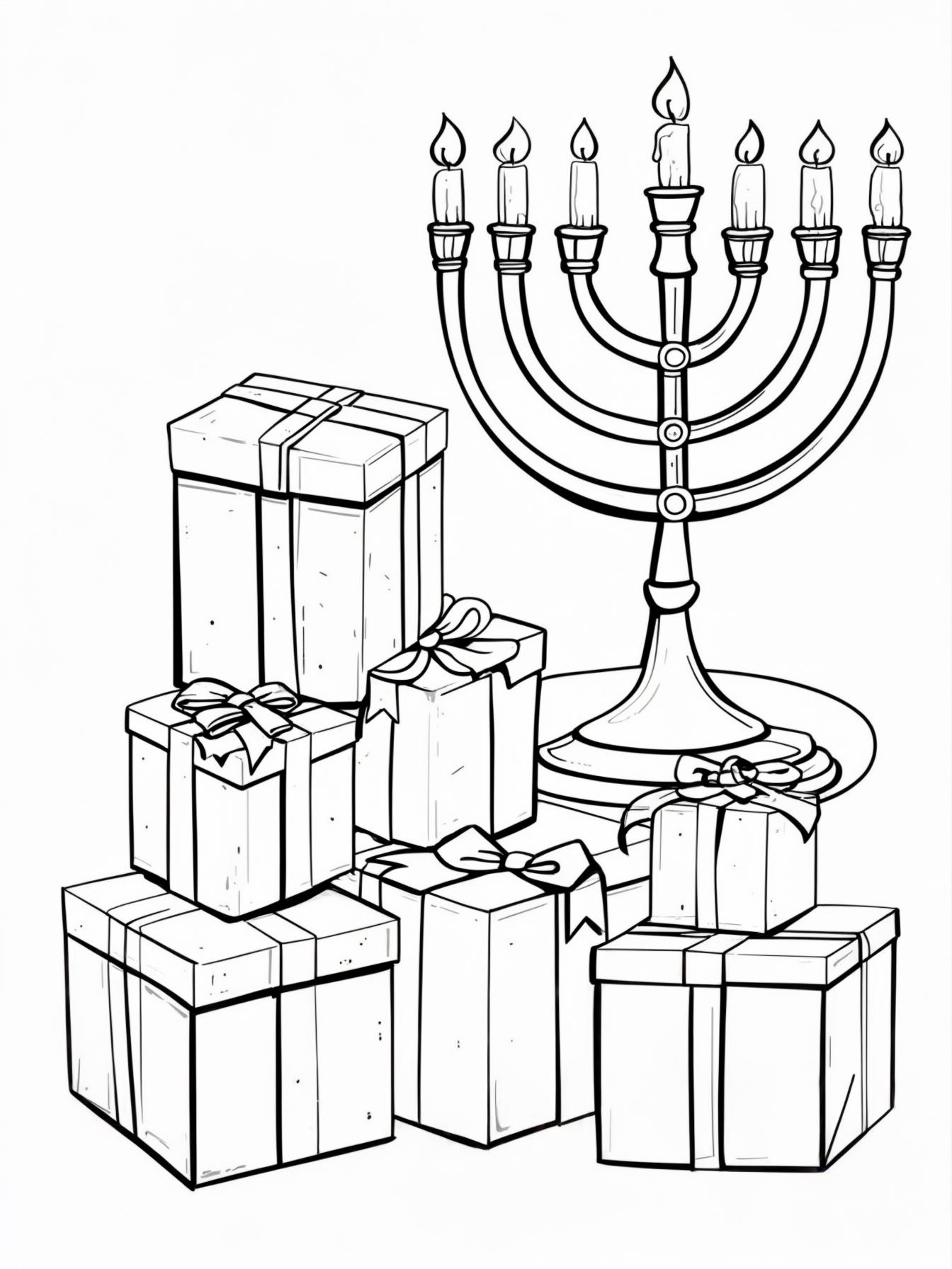 Eight Nights of Gifts: A simple, sweet scene of eight small, neatly wrapped gift boxes, one for each night, stacked next to the menorah.