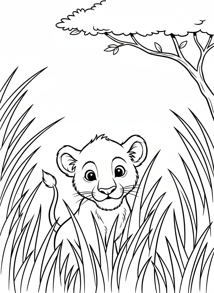 A lion cub peeking out from behind tall grass blades, curious expression, simple composition perfect for preschool coloring