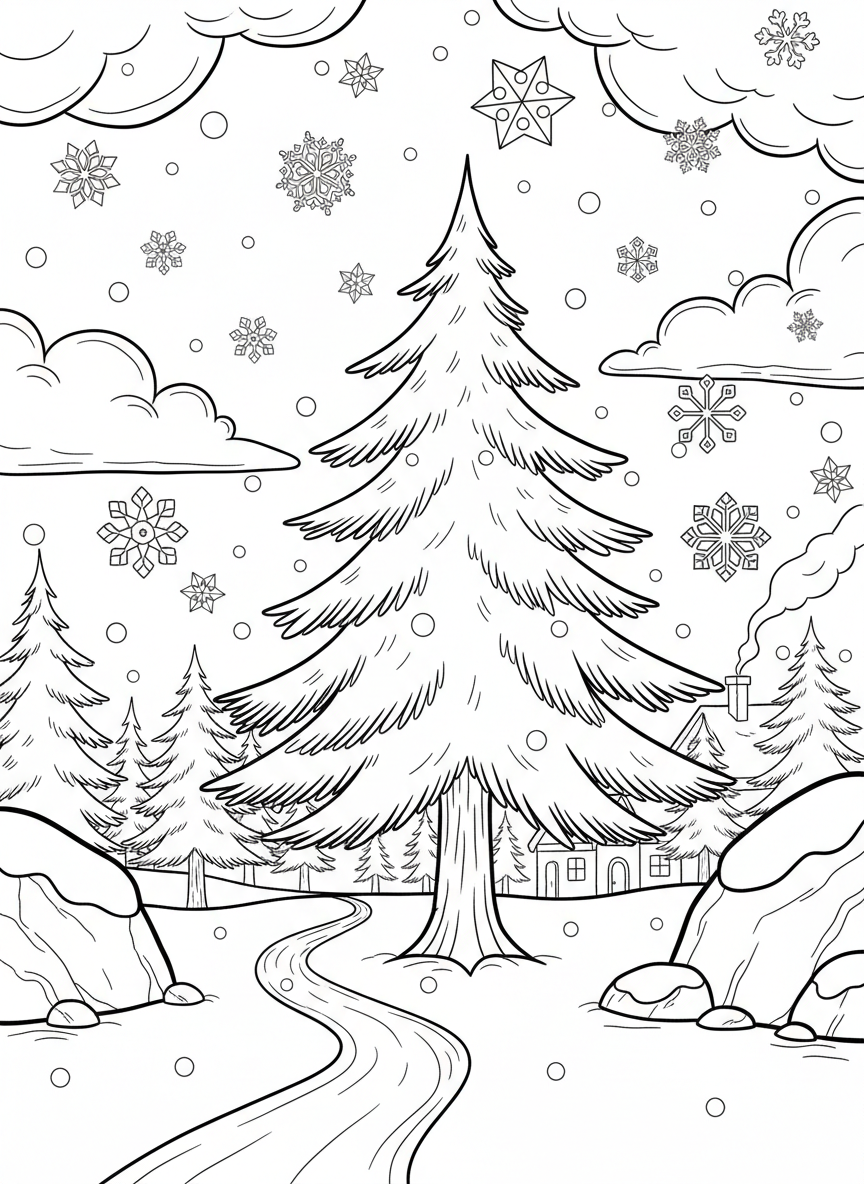 Gentle snowfall with unique snowflakes of different patterns falling over a winter landscape, medium detail