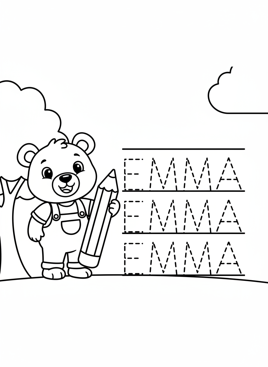 A cheerful cartoon bear holding a pencil, standing next to three rows of dashed letters spelling 'EMMA' for tracing practice, simple line art coloring page