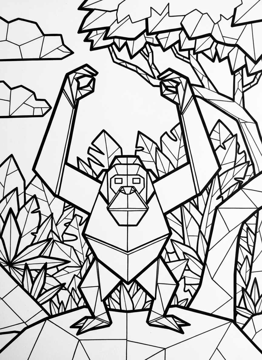 An origami orangutan with long angular arms reaching upward, geometric face features, and simple folded hands.