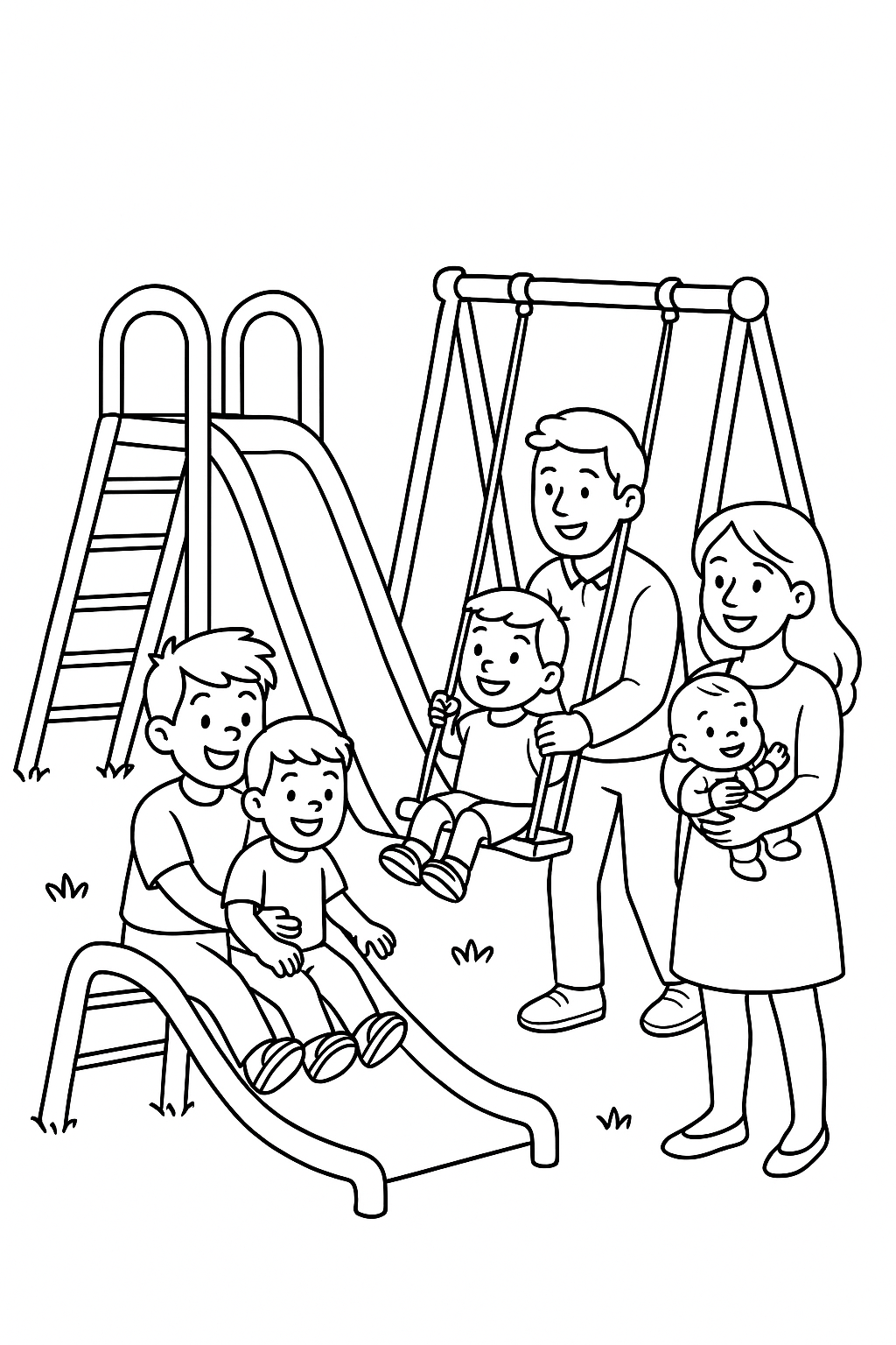 Family of five at a playground: the two older boys going down a slide, dad pushing a swing, and mom holding the baby boy.