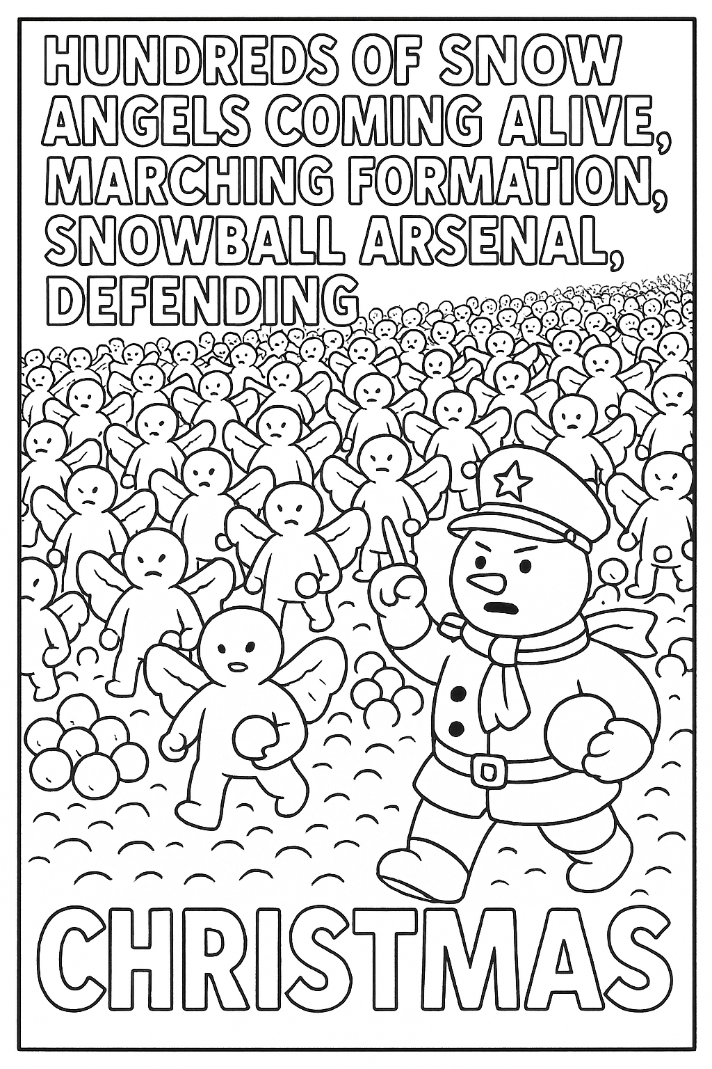 Hundreds of snow angels coming alive, marching formation, snowball arsenal, defending Christmas, general snowman, thick outlines, epic winter battle scene