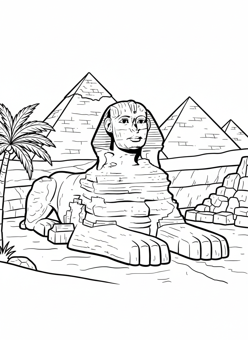 The Great Sphinx of Egypt with a lion's body and human head, sitting majestically in the desert sand with pyramids behind it.