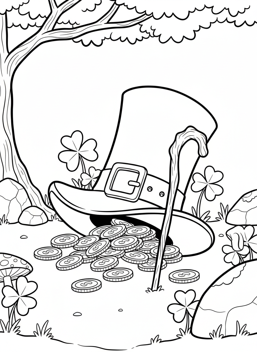 A leprechaun's hat tipped over with gold coins spilling out, a walking stick leaning against it, and shamrocks growing nearby.