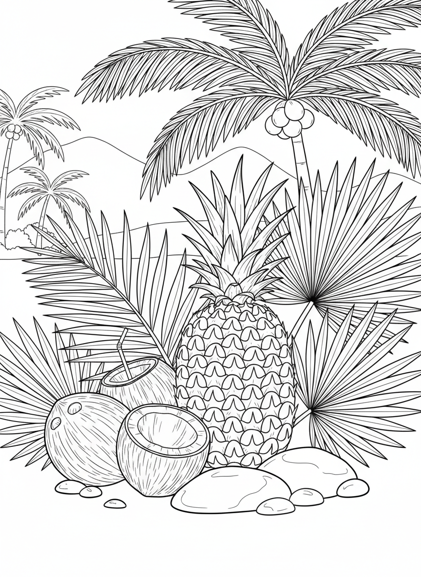 A tropical scene with a pineapple, coconuts, and palm leaves arranged decoratively, medium complexity