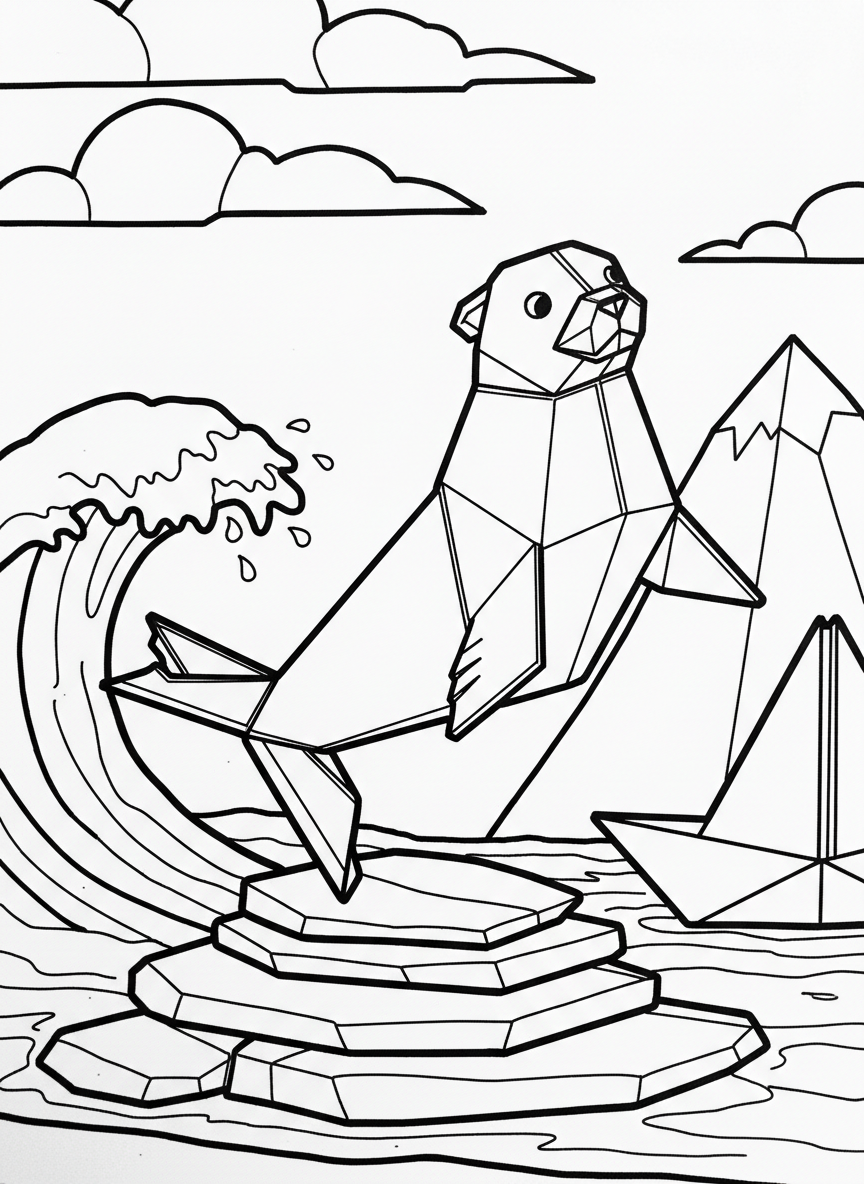 A playful origami seal balancing on its tail, with geometric flippers and angular body showing clear fold patterns.