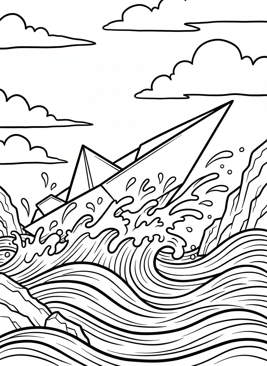 An origami speedboat with pointed bow cutting through waves, creating a splash pattern with water droplets.
