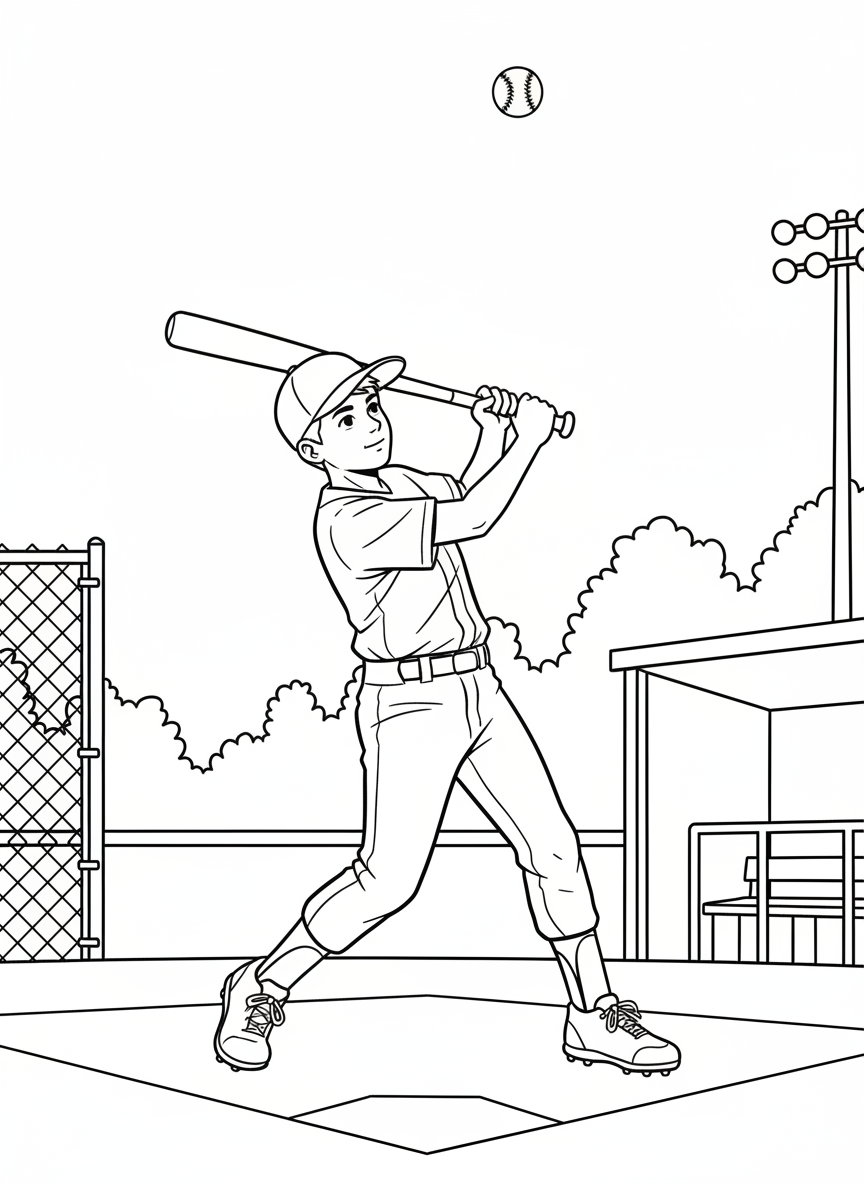 A young batter who just hit the ball, watching it fly away while still holding the bat in follow-through position.