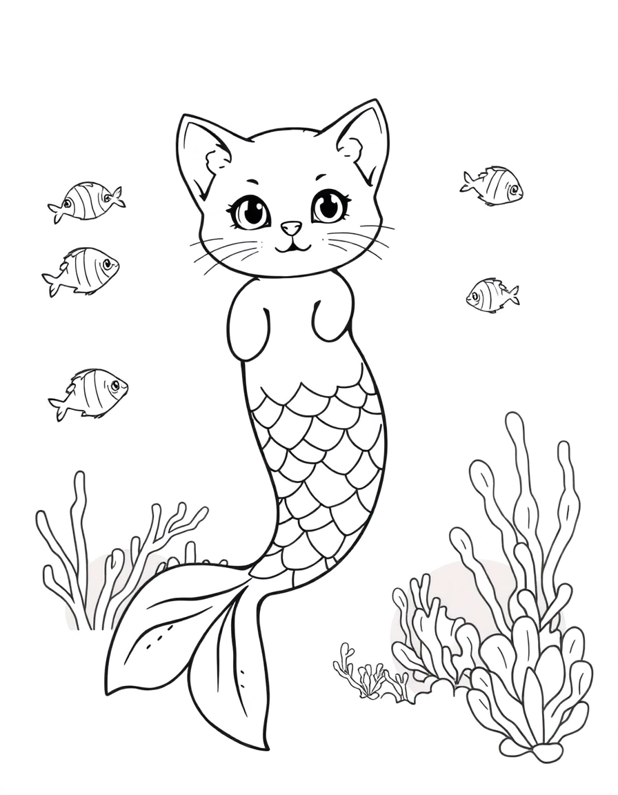 make a combination of a kitten and a mermaid. the mermaid tail should be in the style of the rainbow fish book character, swimming in the ocean with coral reef and other small fish around it