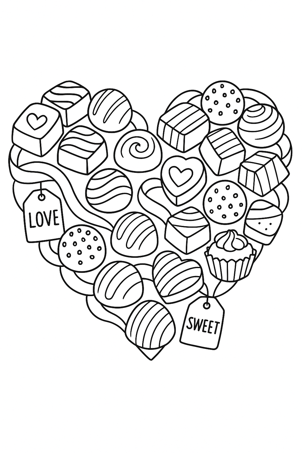 A large heart shape created from many different chocolates and truffles, ribbons woven through, small candy tags attached with messages like “Love” and “Sweet”