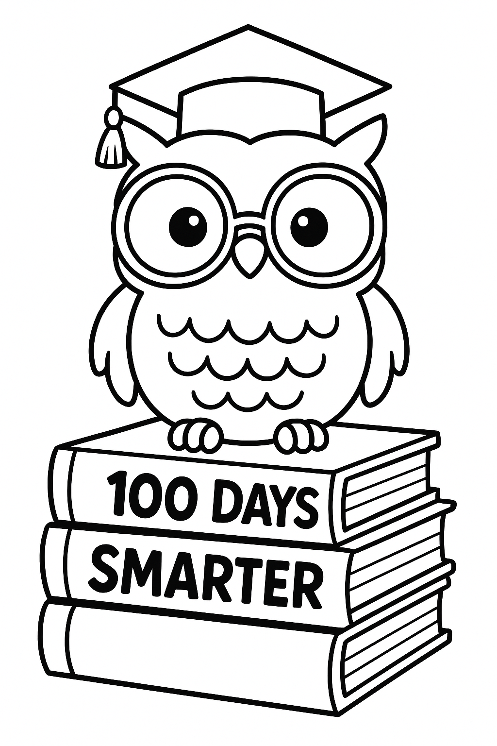100th Day of School: 100 Days Smarter: A cheerful owl wearing large glasses and a graduation cap, sitting on a stack of books with "100 Days Smarter" on the cover.