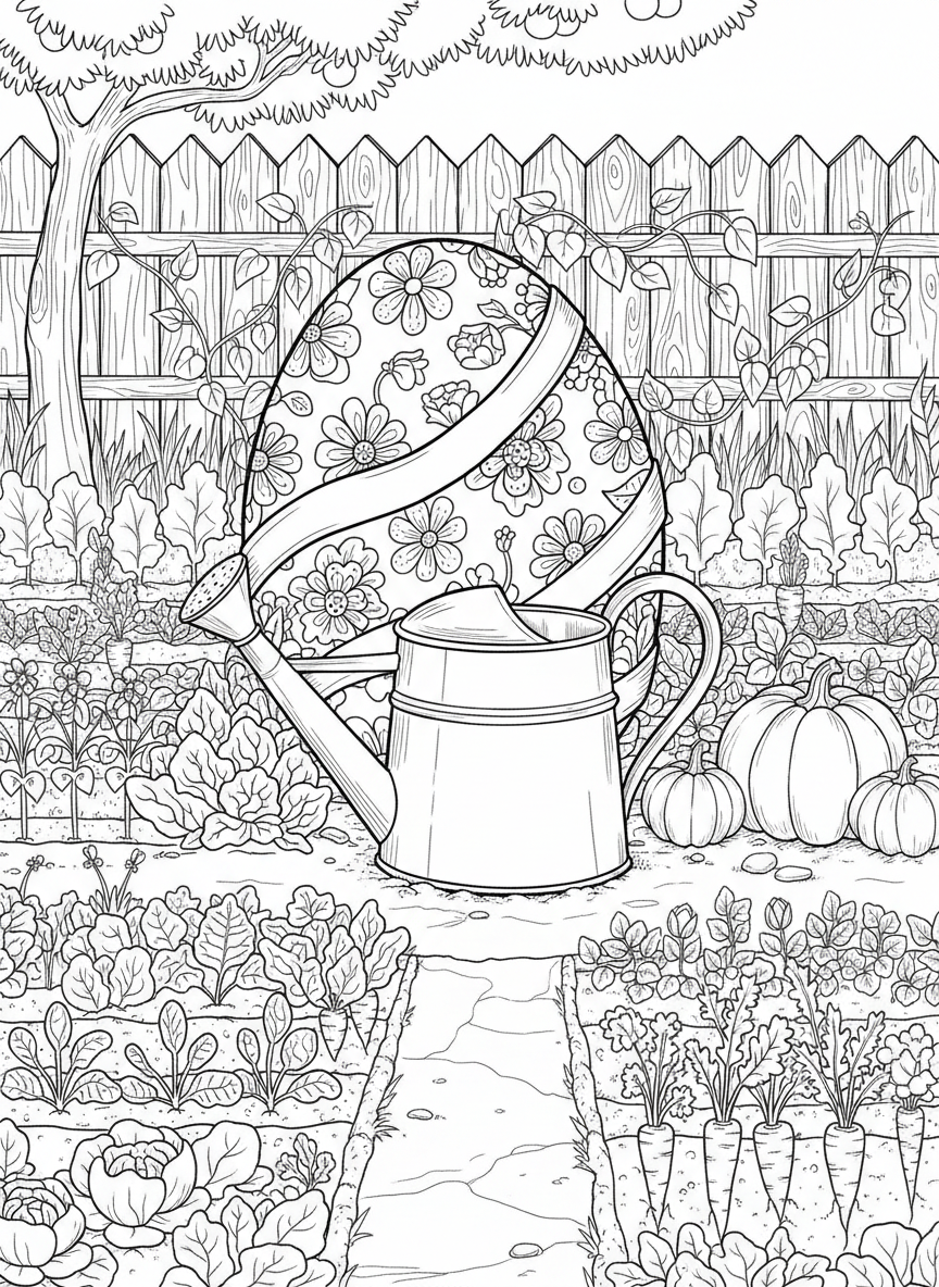 A large Easter egg decorated with flowers and ribbons partially hidden behind a watering can in a vegetable garden.