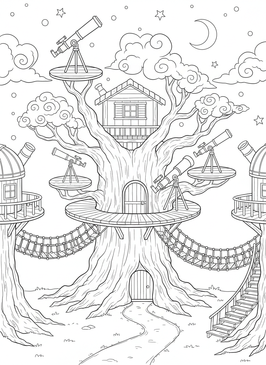 A multi-level treehouse observatory with different viewing stations, rope bridges connecting platforms, and telescopes at various angles.