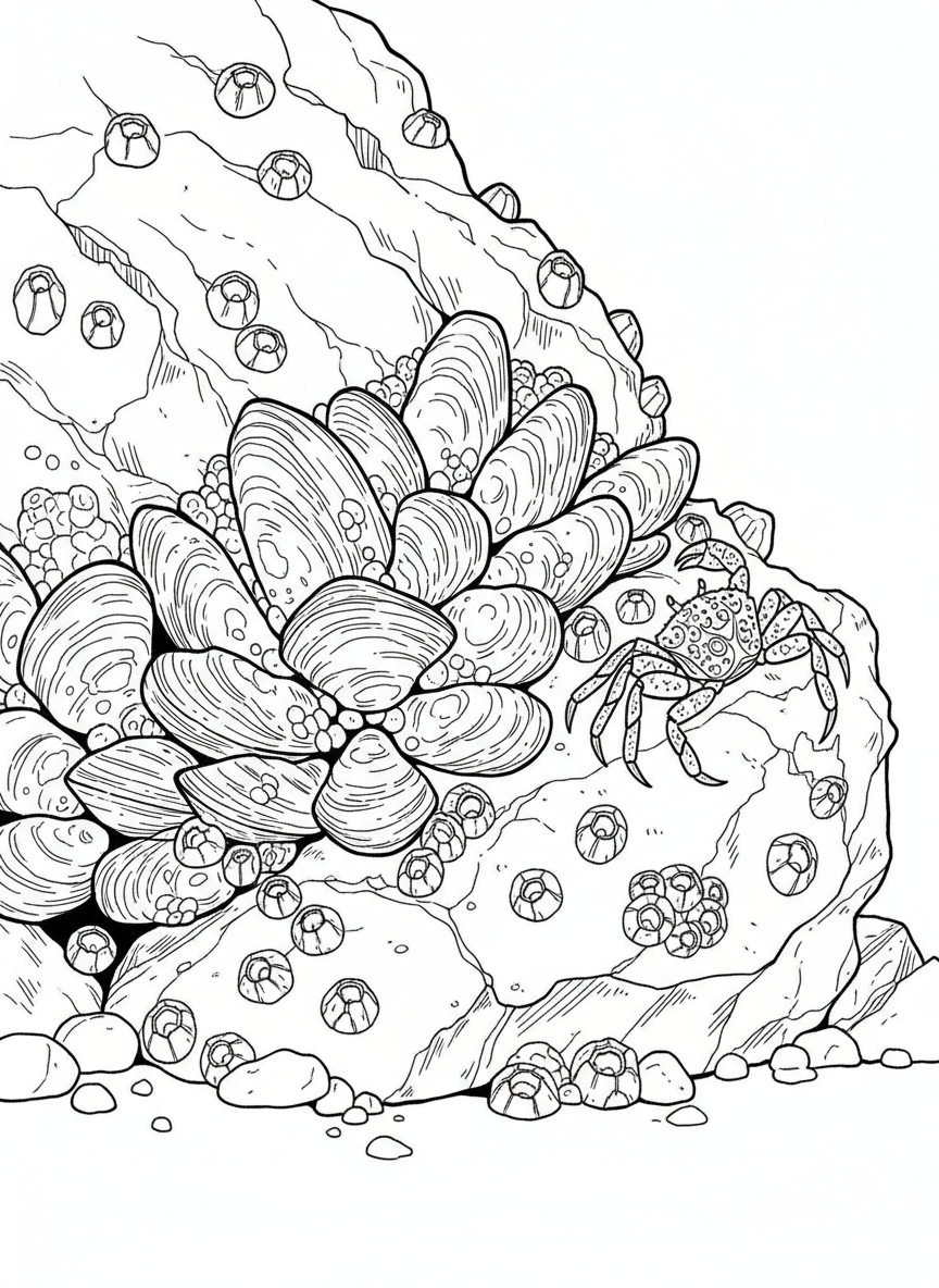 A cluster of mussels attached to a rock with a small crab climbing over them, barnacles dotting the surfaces, medium detail level.