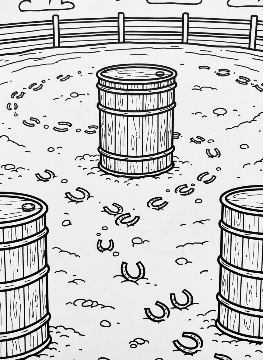A barrel racing course from above showing three barrels arranged in a cloverleaf pattern with hoof prints in the dirt.