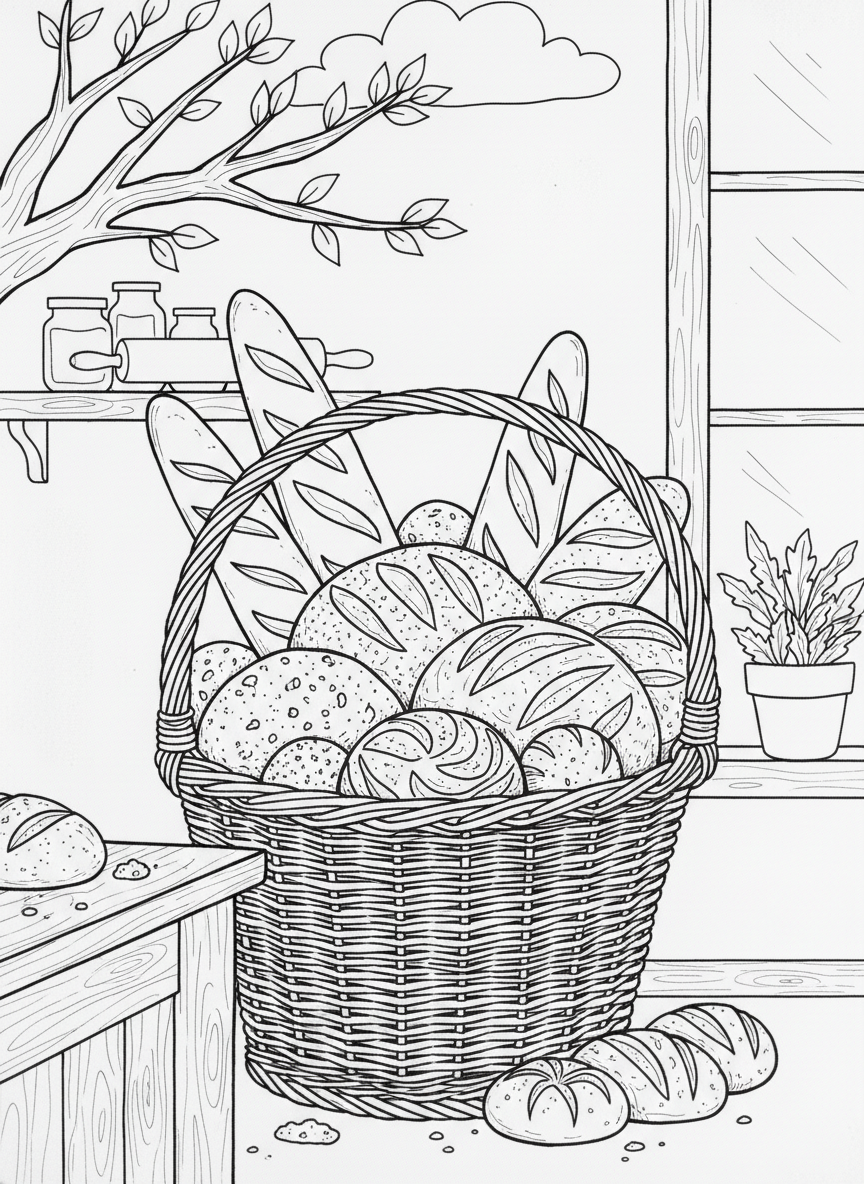 A basket overflowing with different types of bread including baguettes, round loaves, and dinner rolls